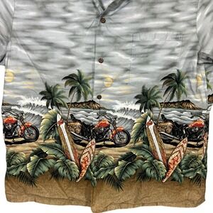 KY'S Motorcycle Hawaiian Shirt Surfboard Palm Tree Men's Size Large AOP‎ OOAK